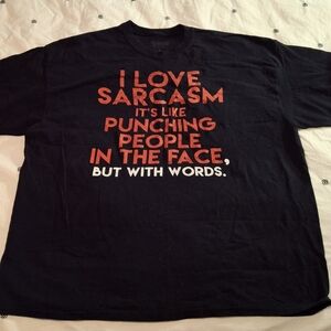 Black Graphic T-Shirt with Red and White Text